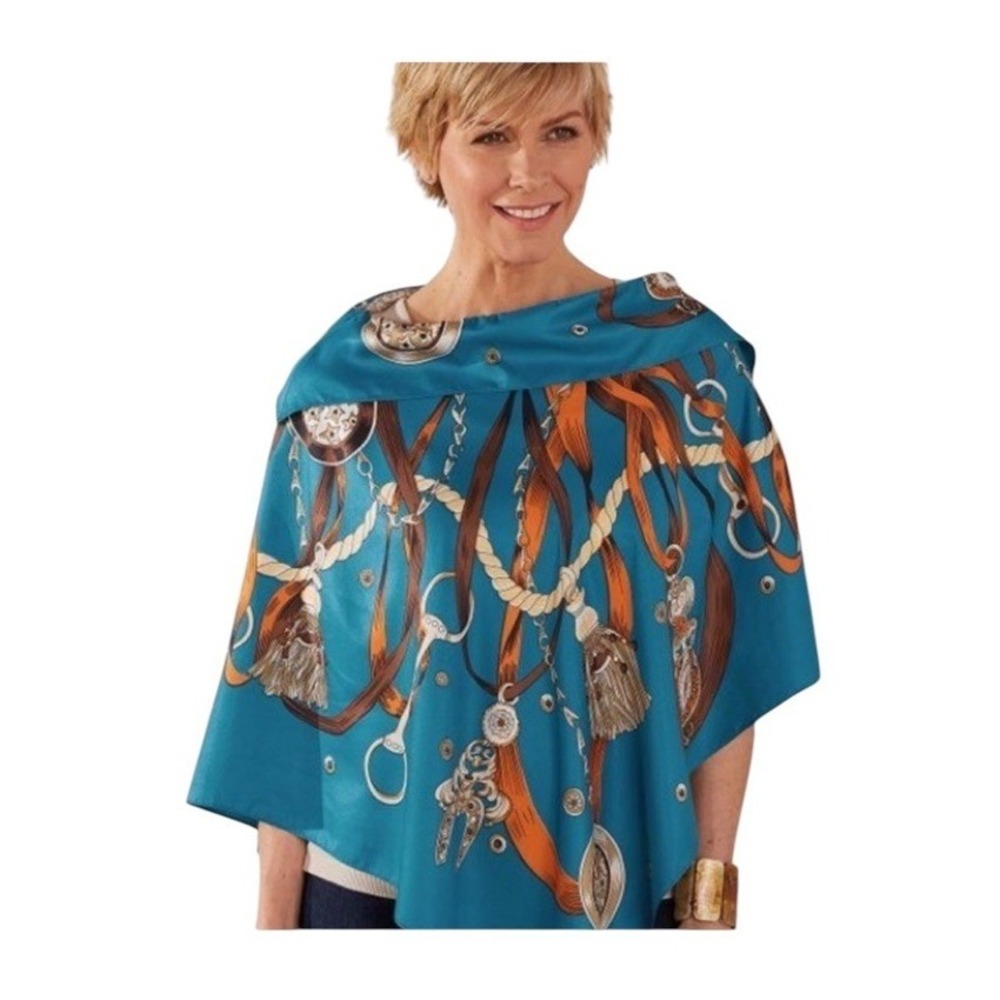 Soft Surroundings Poncho Satin Equestrian Bit & Bridle Print Preppy Old Money